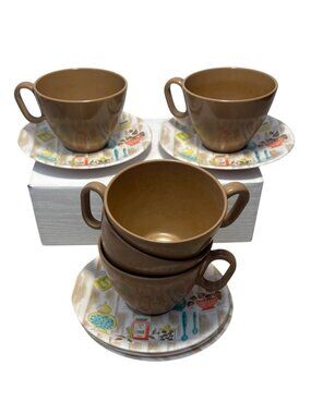 Rainboware Melmac Teacup & Saucers Brown & Kitchen Scene MCM 50's Lot of 5 Each